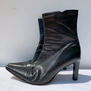 CHANEL Black Lambskin Leather CC Ankle Boots